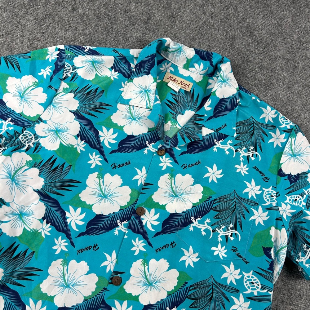 Koko Head Shirt Mens Medium Teal Blue Hawaiian Hibiscus Gecko Tropical Aloha